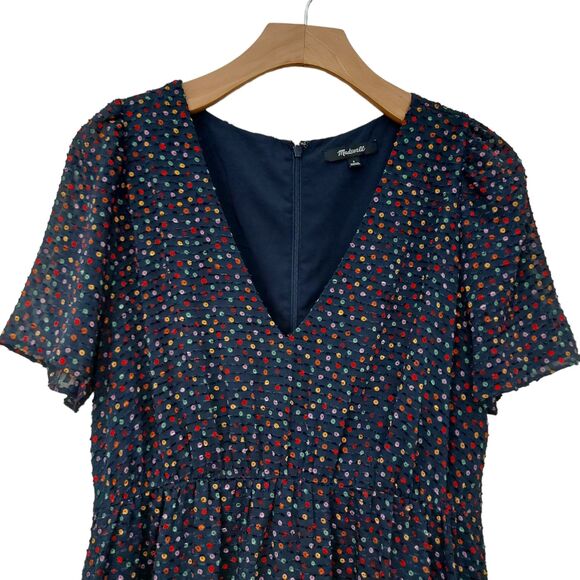 Madewell Dress Womens 6 Blue Flutter-Sleeve Ruffle-Hem V-Neck Lined Dots Print - Picture 3 of 13